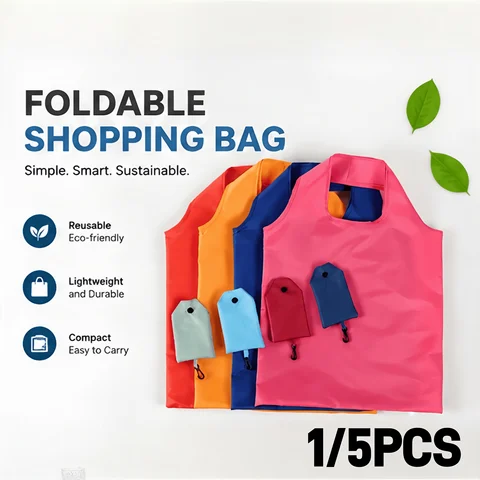 1/5pcs Eco-friendly Solid Color Shopping Bag Foldable Reusable Polyester Multi-purpose Shoulder Tote for Grocery Shopping Travel
