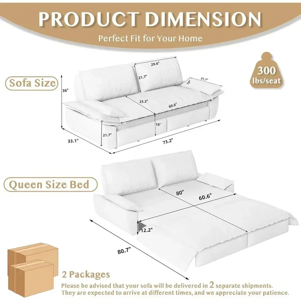 Queen Size 3-in-1 Convertible Sleeper Sofa with Cloud Loveseat Lounge and Pillow Arm in Comfortable Corduroy, Available in Navy