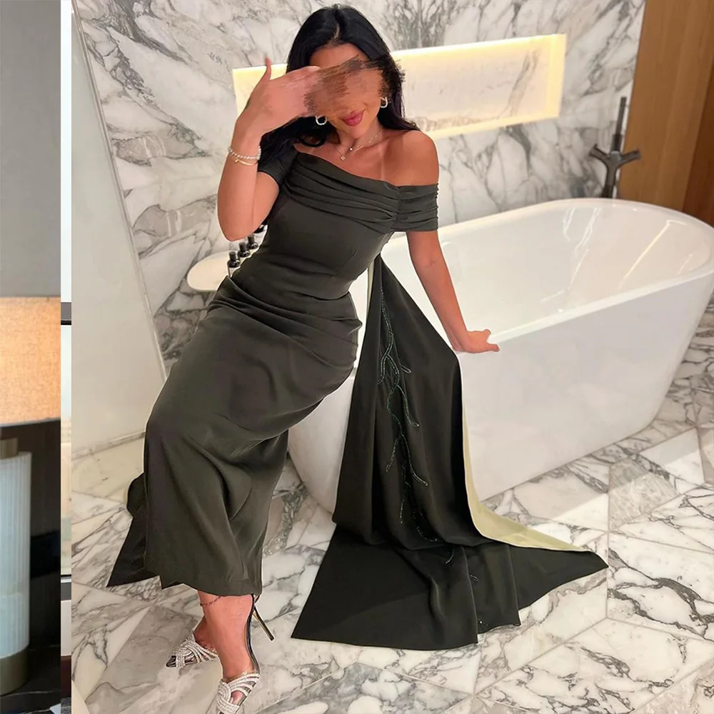 

Green Off Shoulder Mermaid Evening Dresses for Women Beaded Satin Arabian Dubai Formal Prom Dress Floor Length Evening Gowns