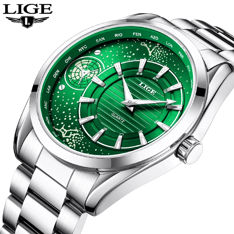 LIGE 2025 أفضل ساعة رجال الأعمال مضيئة حزام الفولاذ المقاوم للصدأ مقاوم للماء كوارتز ساعة اليد الفاخرة موضة رجالي ساعة اليد + صندوق