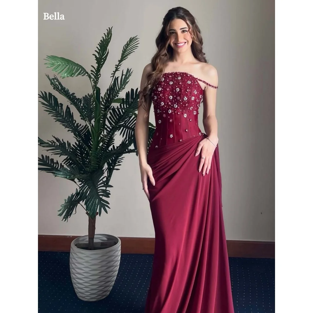 

Вечерние платья Bella из атласа с открытыми плечами, бордовые, для выпускного вечера и торжественных мероприятий, 2026