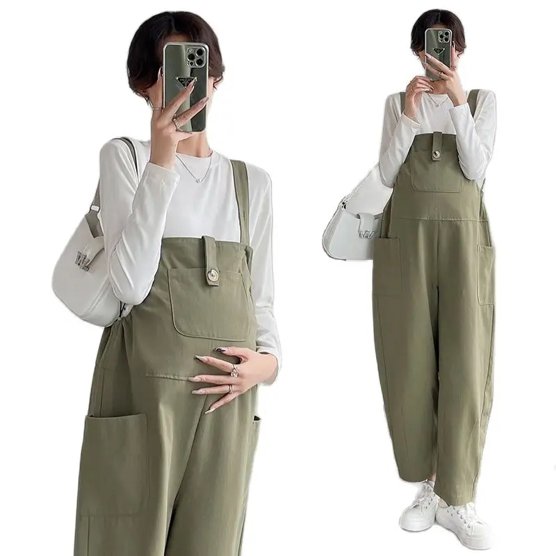 Green Cotton Twill Jumpsuit Big Pockets Loose Maternity Suspender  White Long Sleeves T-shirts Round Neck Pregnant Women