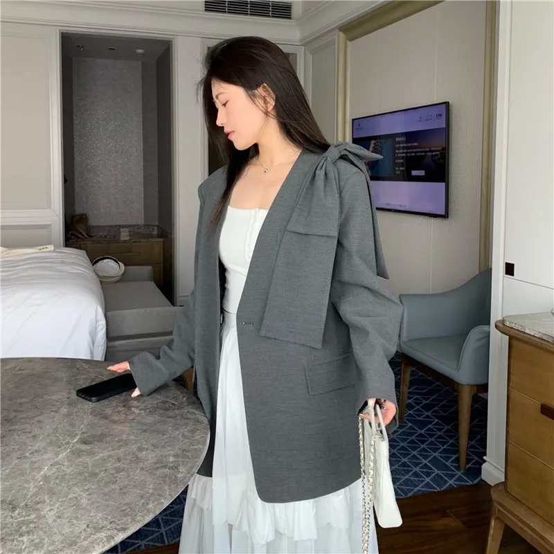 봄 가을 여성 패션 활 장식 회색 정장 재킷 v 넥 싱글 버튼 긴 소매 느슨한 캐주얼 여성 블레이저 코트