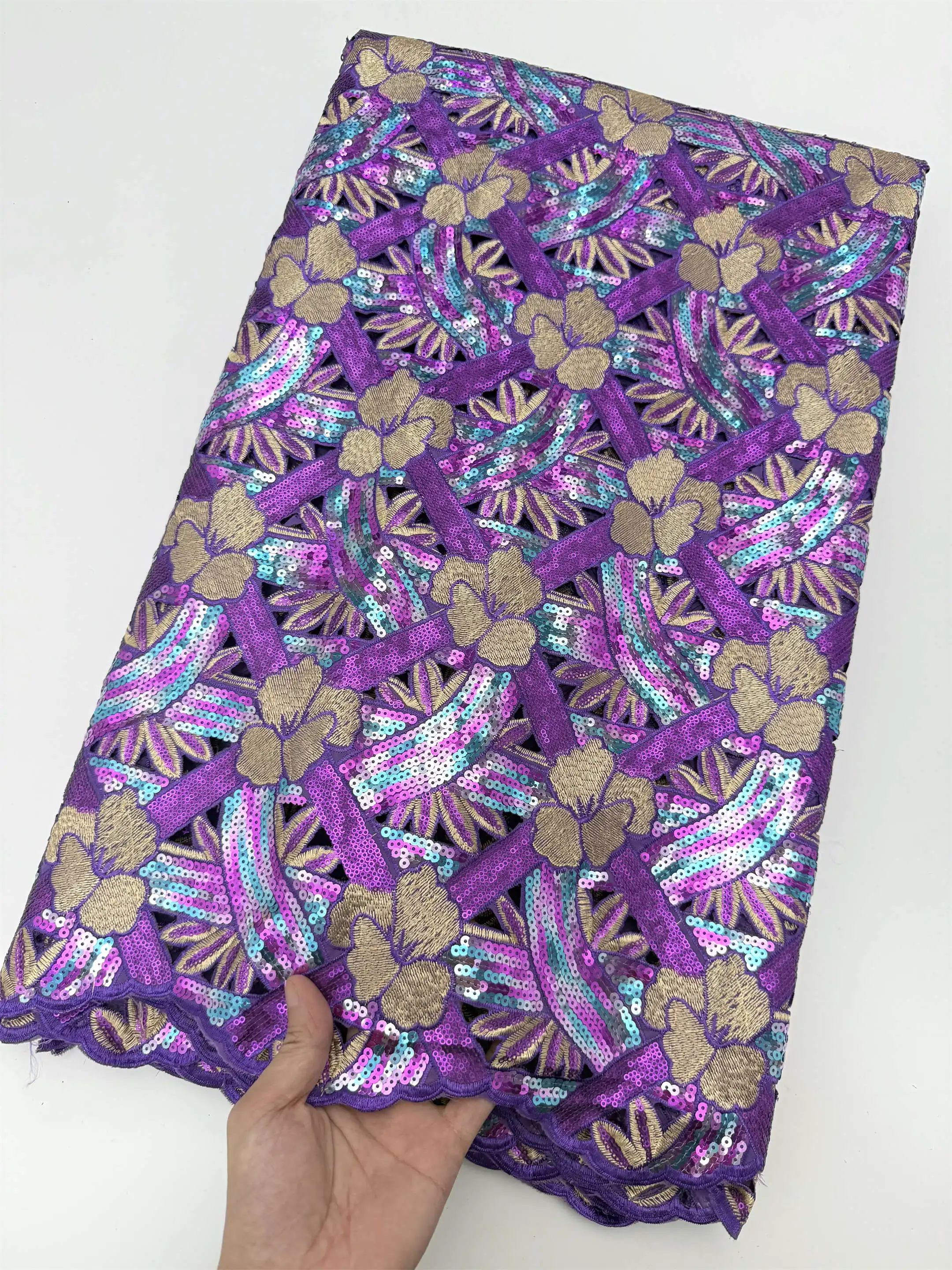 African Multi Color Shiny Tulle Lace Fabrics Nigerian Handcut Lace Fabrics Embroidery Organza Sequins Lace Materials Dress Sew