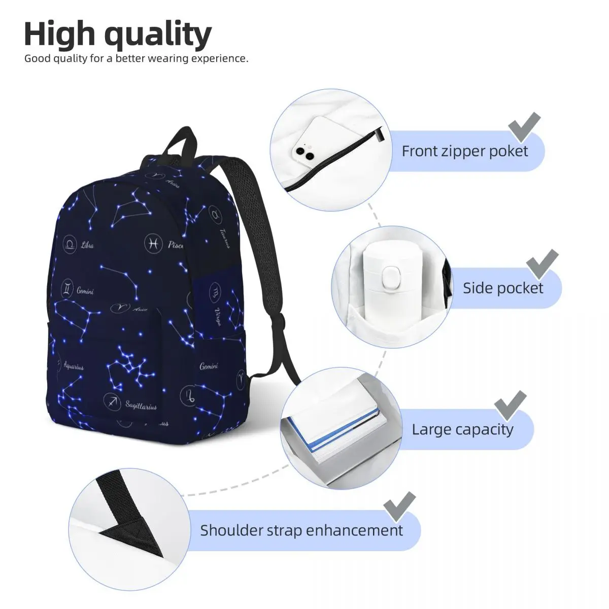 Mochila de Grande Capacidade para Masculino e Feminino, Constelações no Céu, Mochila Estudantil Escolar, Mochila Laptop, Doze Constelações