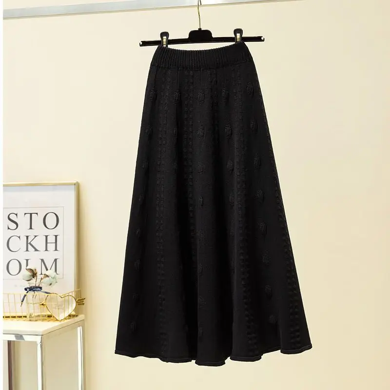 Autumn Winter Simplicity Solid Color High Waist Skirt Ladies Vintage All-match Screw Thread Elastic Waist Pleated Skirt Women\'s