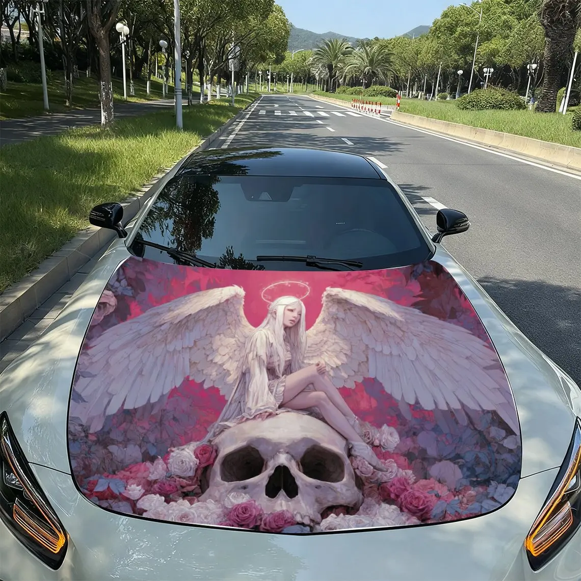 

White Winged Angels And Skull Car Vinyl Packaging, PVC Waterproof Car Hood Stickers, Self-adhesive Scratch Resistant Stickers Fo