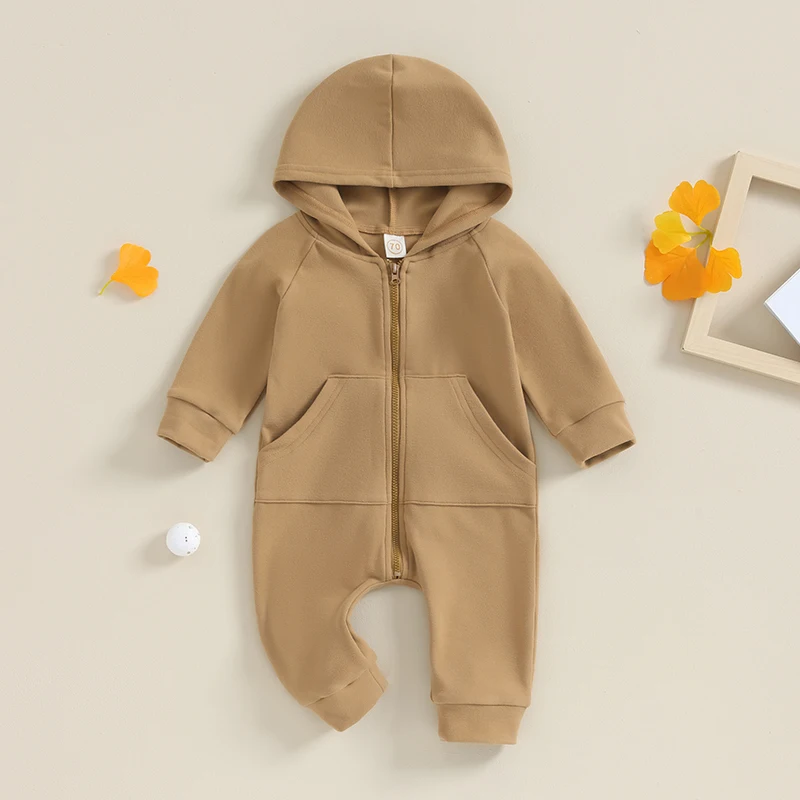 2023-08-15 Lioraitiin 0-24M Baby Girls Boys Autumn Hooded Jumpsuit Solid Color Long Sleeve Zipper Closure Casual Romper