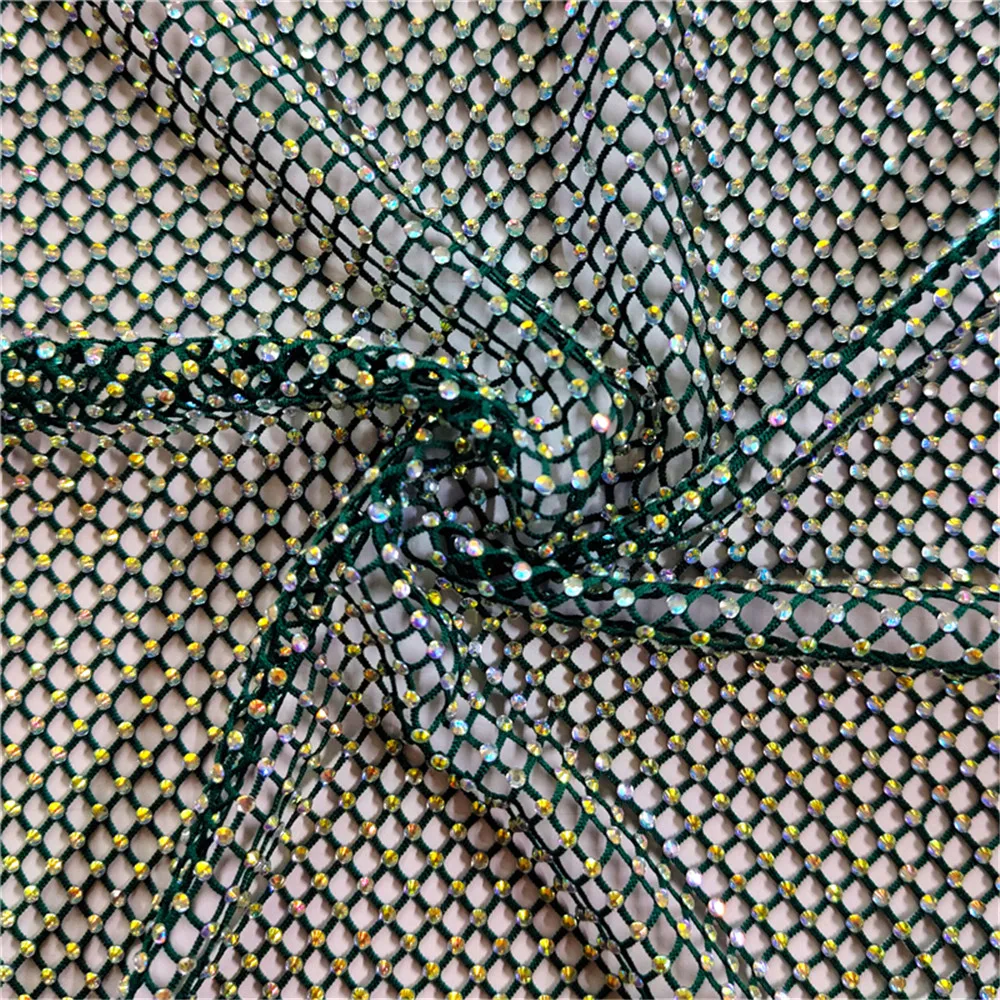 SS10 Green Glass Rhinestones Mesh Applique Fabric Sewing Elastic Crystal Trim Net For DIY Dress Garment