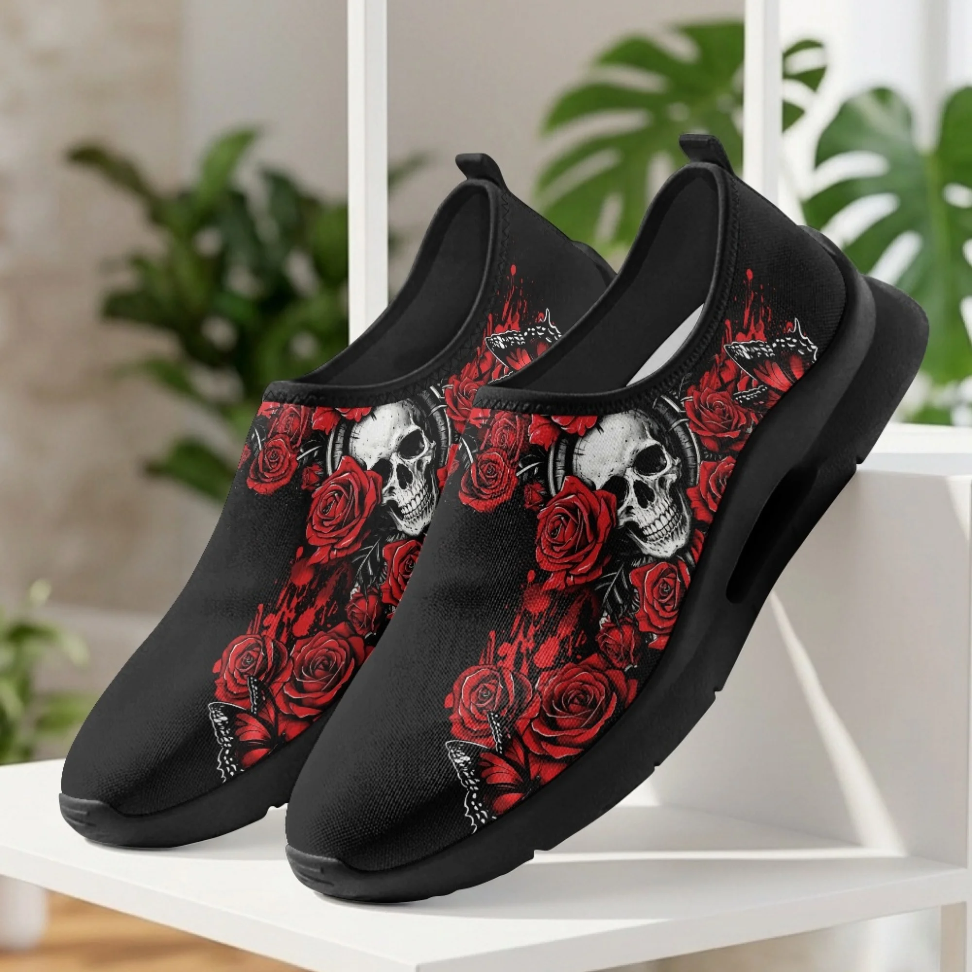 XIXIRIMIDO Skull Rose Mens Casual Shoes Slip On Walking Sneakers Womens Gym Workout Shoes Breathable Mesh Walking Shoes 35-48
