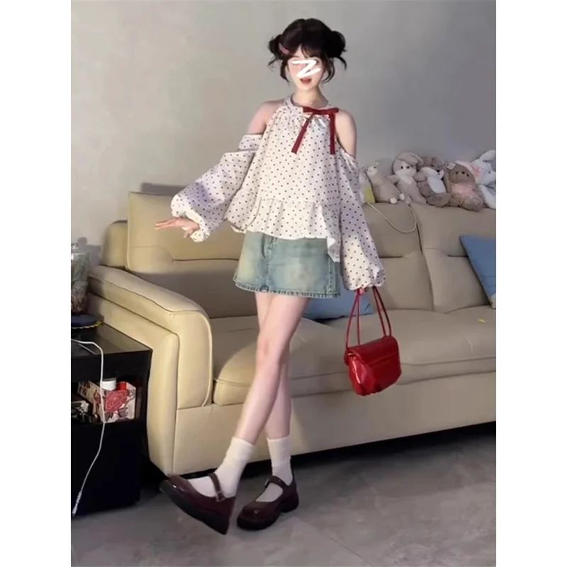 2025년 봄 여성용 스윗 폴카 도트 긴팔 디자인 센스 나비넥타이 셔츠 와이드 트러플 숄더 의류 WF