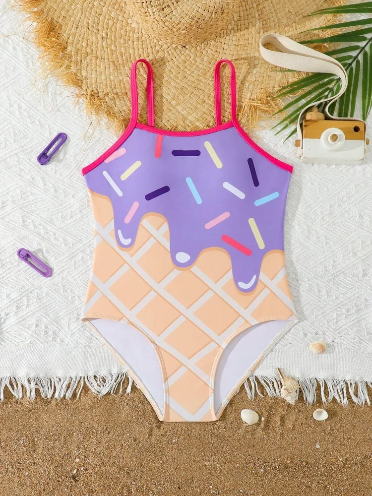 

Girls Kids Swimsuit 2026 New Ice Cream Print Sling One Piece Children Swimwear Summer Monokini Beachwear Bathing Suit Swimming