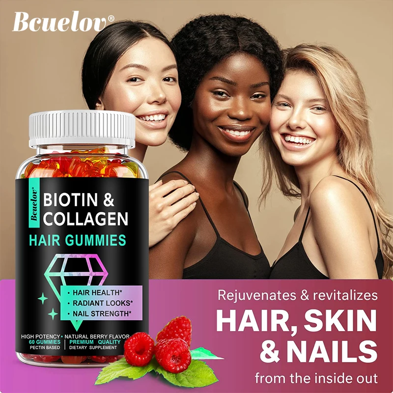 

Bcuelov Vegan Gummy Vitamins - Sweet and Sour Flavor for Healthy Hair, Skin and Nails for Women and Men Biotin - Non-GMO