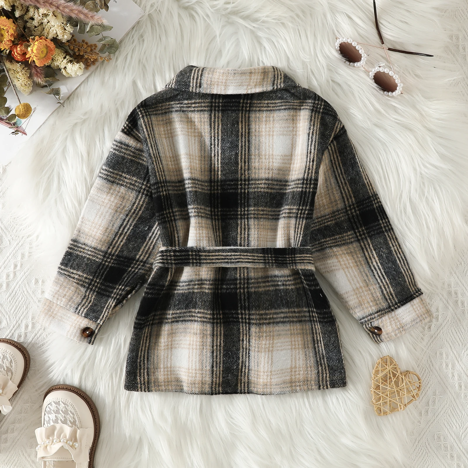 Mildsown Kids Girl Wool Jacket Long Sleeve Turn-down Collar Button Closure Plaid Print Woolen Coat with Belt Fall Winter Clothes