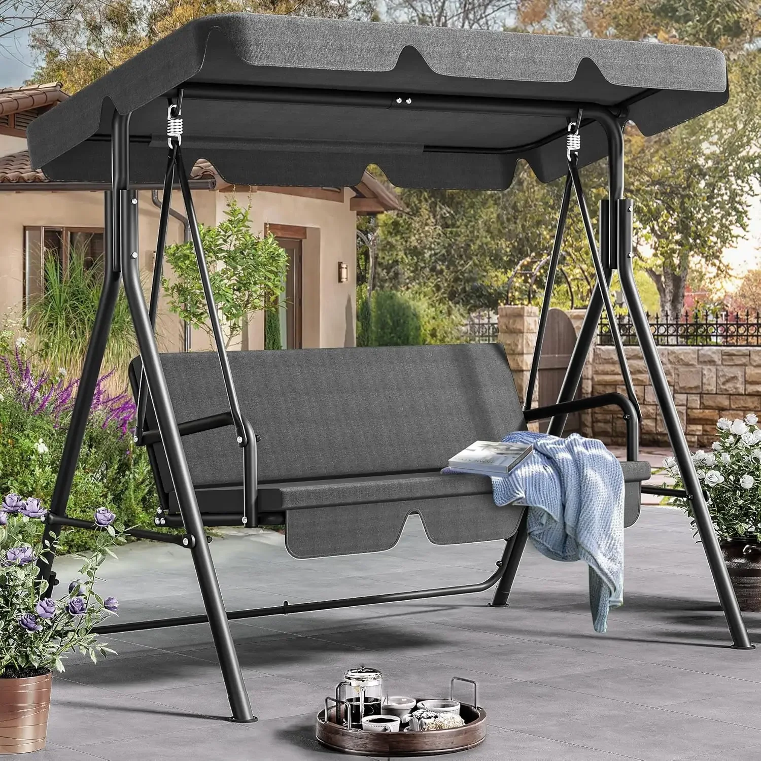 

Patio Swing Front Porch Swing for Adults 3 Seat Porch Swings with Adjustable Canopy Outside Swing Bench