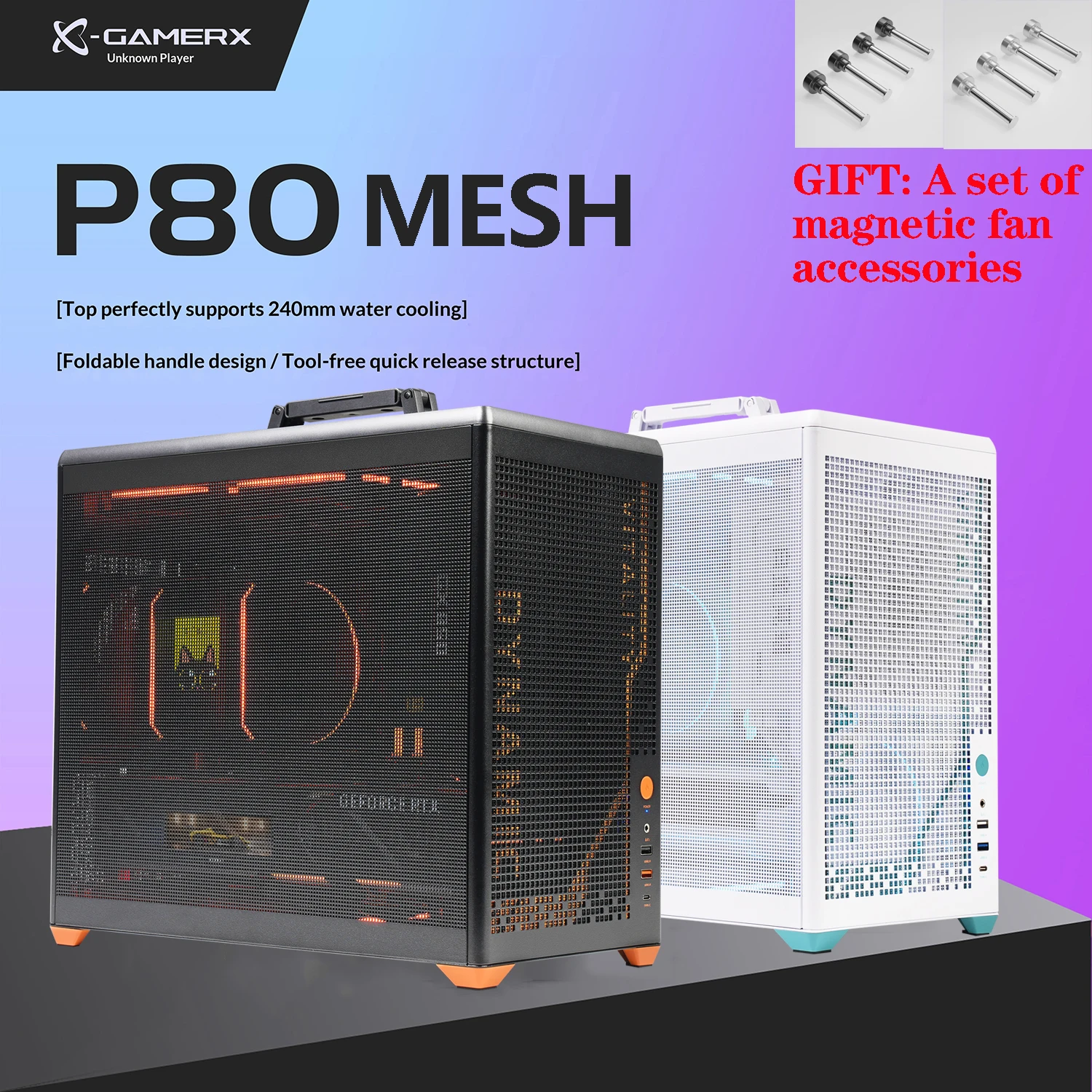 X-GAMERX P80 PC Case ITX MATX Transparent Side 240 Water-Cooled TYPE-C Desktop Folding Handle Portable Computer Case