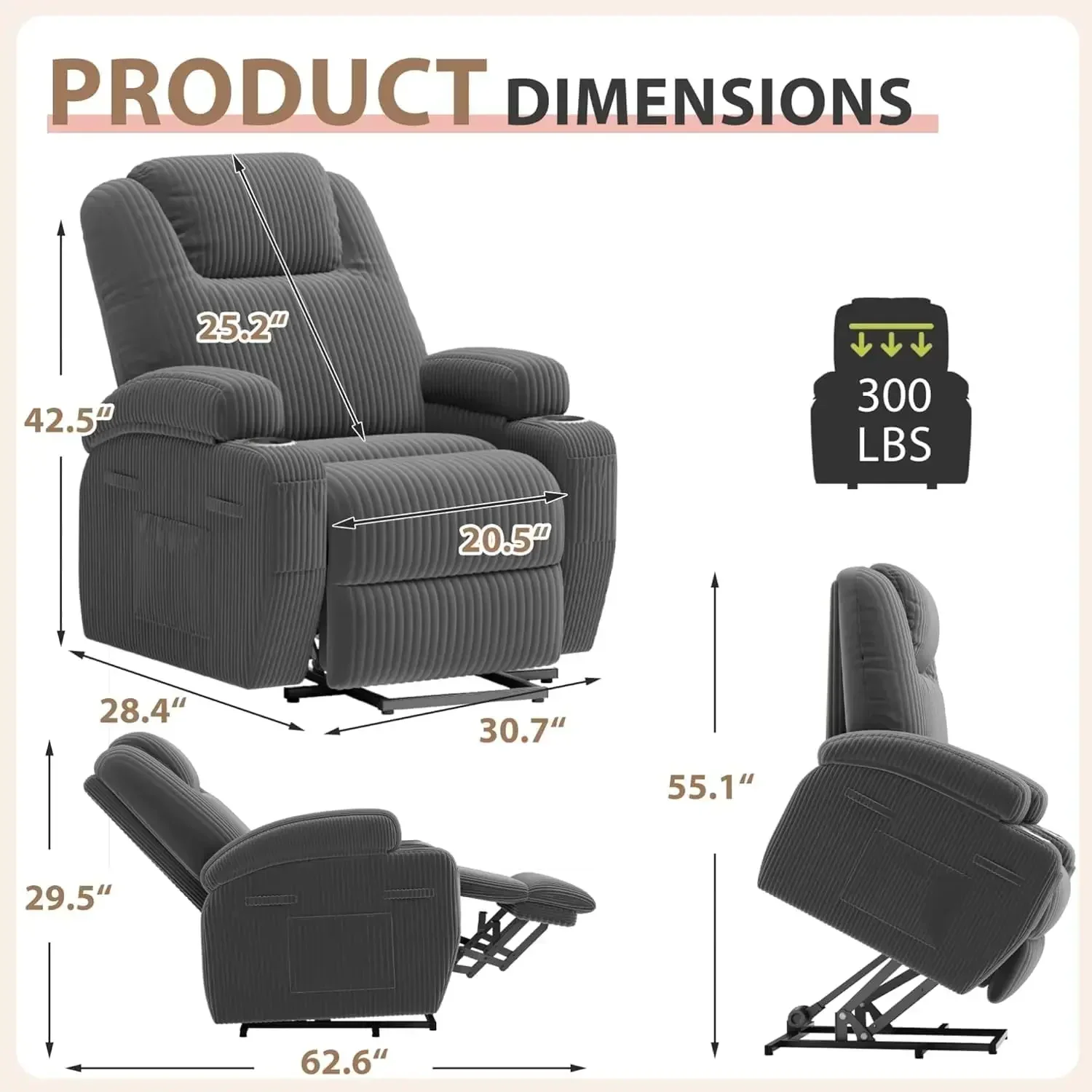 BestsellerBestsellerChairs for Elderly, Corduroy Ergonomic Design with Cup Holders & Side Pockets, Remote Control (Dark Gray)