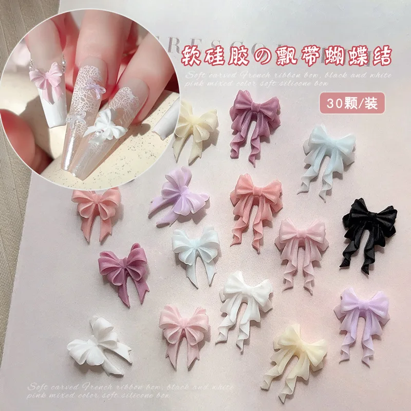 30Pcs 부드러운 아크릴 리본 나비 넥타이 네일 아트 매력 매니큐어 장식 액세서리 달콤한 소녀 손톱 장식 용품 재료