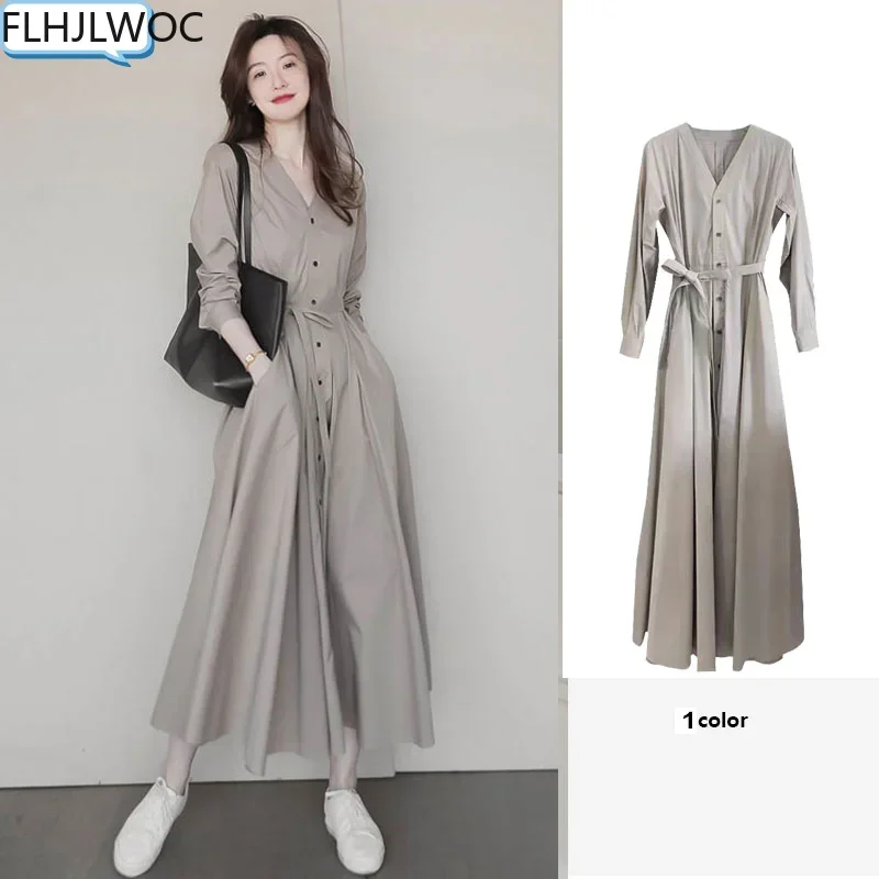 اليابان كوريا شيك تصميم تاريخ الفتيات النساء الخريف الربيع مكتب سيدة واحدة الصدر زر الصلبة لطيف طويل ماكسي الأساسية قميص فستان