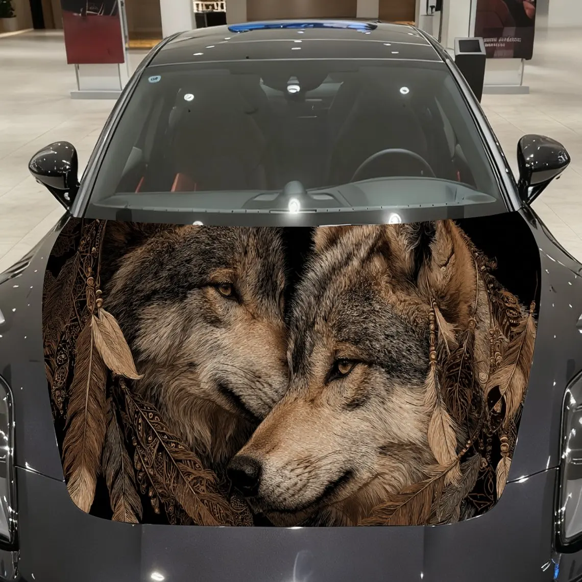 

Tribal Wolf Pair Auto Cover Sticker, Waterproof and Self-adhesive Auto Hood Decal, Auto Vinyl Wraps, Cool Car Exterior Decal, Ho
