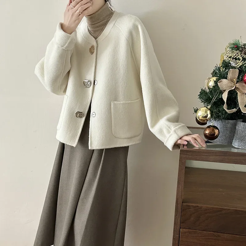 French design sense metal buckle decoration collarless spring senior double-sided wool coat small fragrant woolen coat