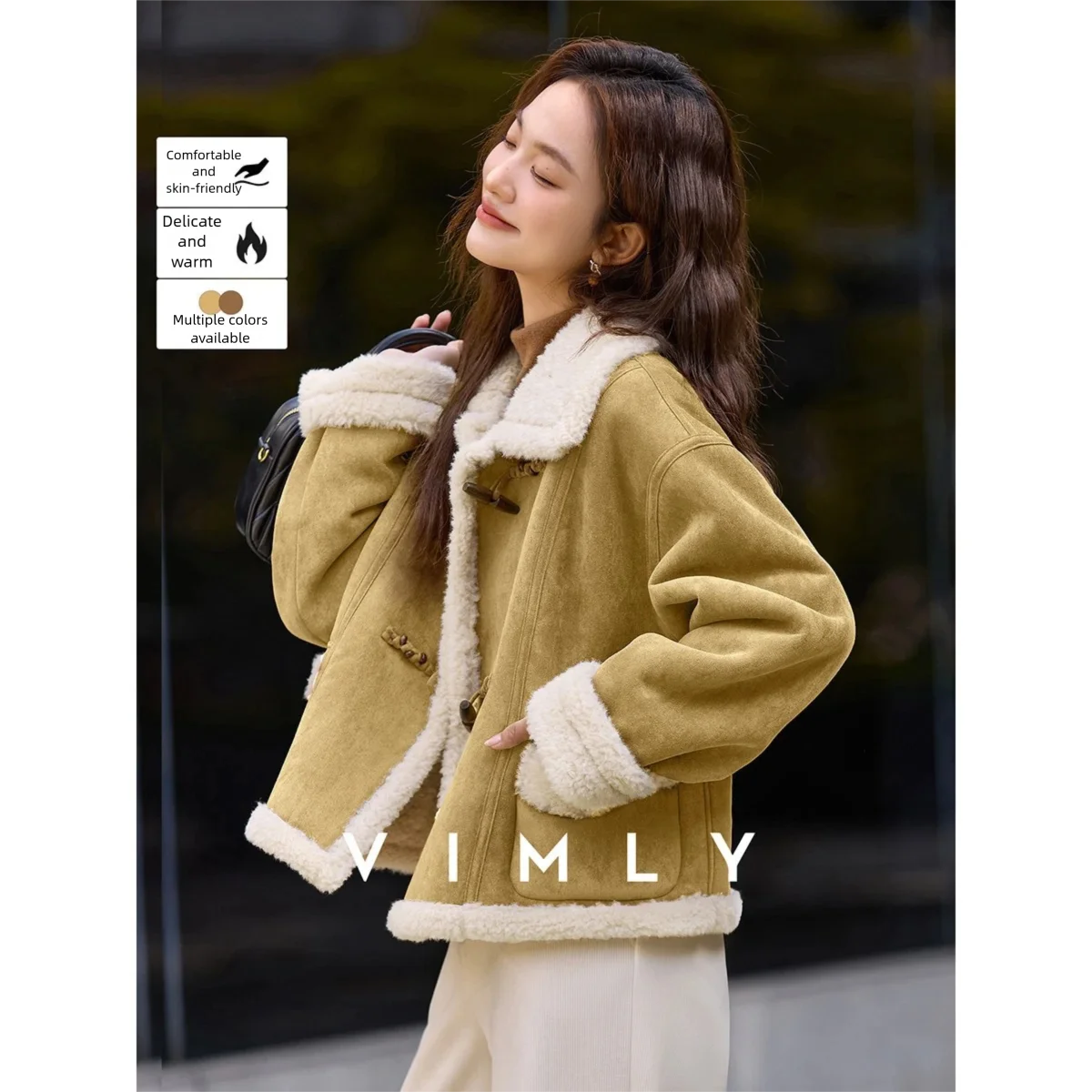 VIMLY mode Faux cuir vestes pour femmes rétro corne bouton polaire doublé vêtements d'extérieur col montant chaud dame manteaux 30615