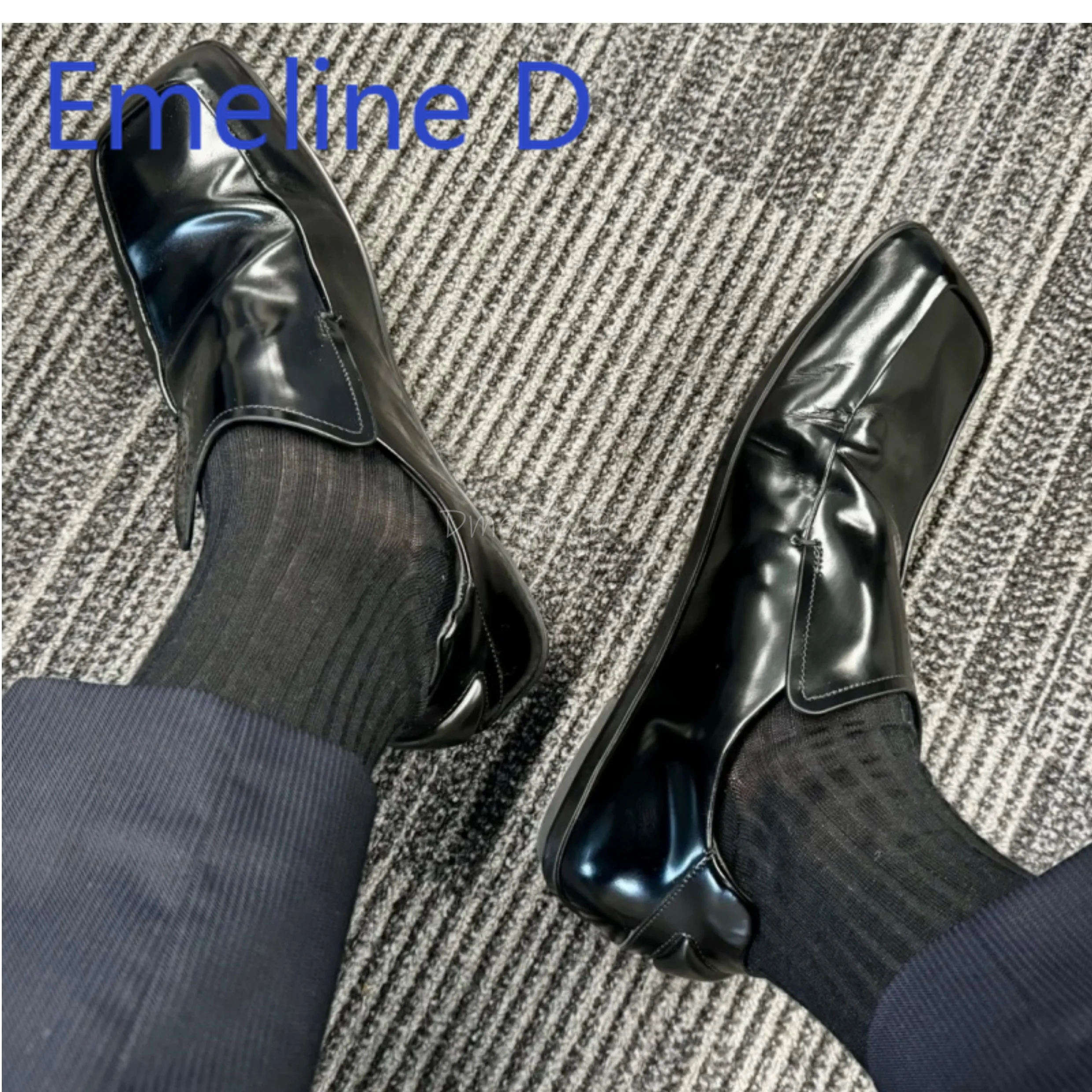 

Flat Shoes for Both Men and Women Fashionable British Square Toe Leather Shoes with One Foot Design Black Casual Leather Shoes