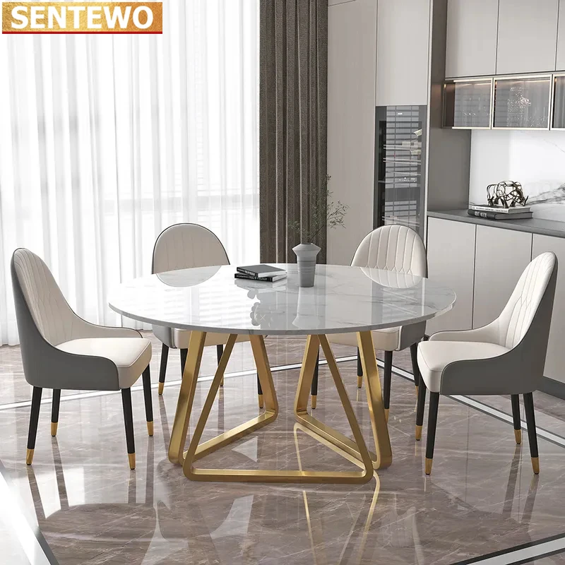 Ltalian Luxury Round Marble Kitchen Dining Table 6 Chairs Set Stainless Steel Gold Plating Base Home Furniture Esstisch Tische