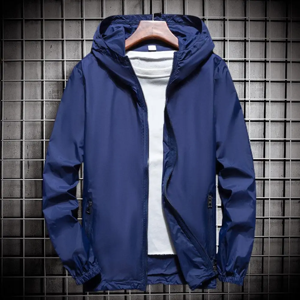 

Men Windbreaker Jacket Hooded Long Sleeve Shrinkable Cuffs Trench Coat Pockets Zipper Placket Men Women Sun Protection Coat