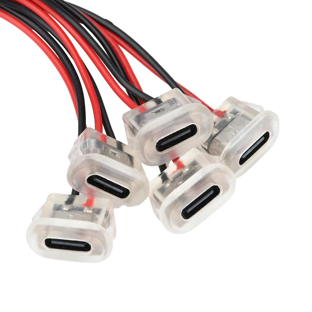 5PCS Female Connectors 2Pin USB Type-C Input Type Charging Socket Waterproof USB-C Power Port 24AWG Lead Wire With LED Lights