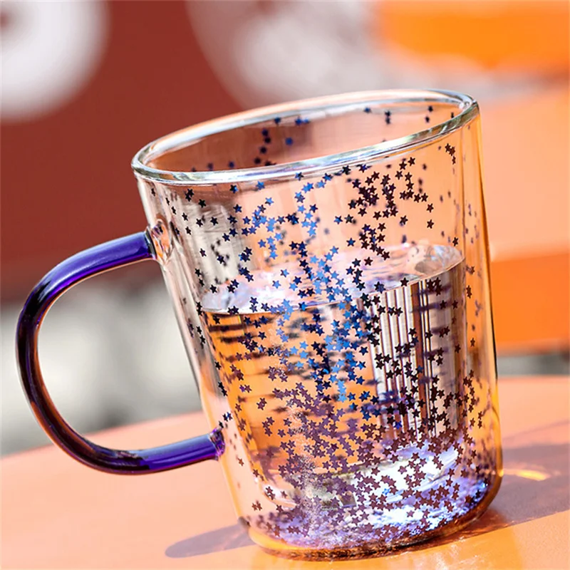 300ml Double Wall Starry Sky Glass Mug With Handle Coffee Milk Cup Bubble Star Glitters Fillings Tea Juice Water Glass Drinkware