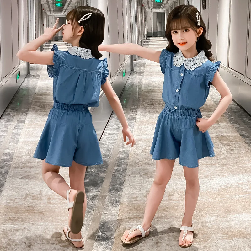 New Summer Teens Kid Baby Girls Clothes Lace off Shoulder Denim T Shirt vest + Solid Pants Outfits 5 6 7 8 9 10 11 12 Years