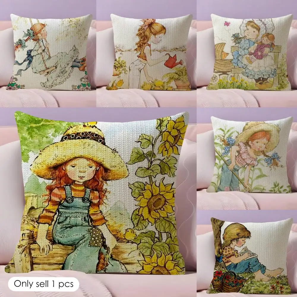 Art Sarah Kay Swing Girl Cushion Cover Summer Coolness Linen Fabric Double-Sided Printing Pillow Case Sofa Home Decor Gift
