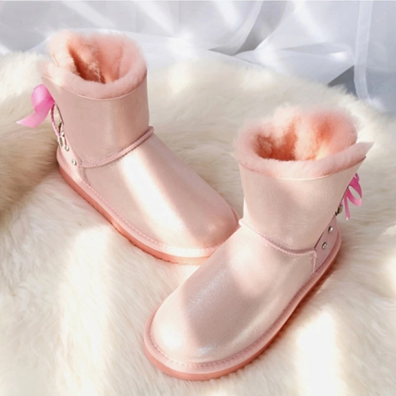 G&Zaco Luxury Girl Sheepskin Boots Sweet Crystal Bow Snow Boots Short Flat Winter Natural Wool Genuine Leather Women Ankle Boots