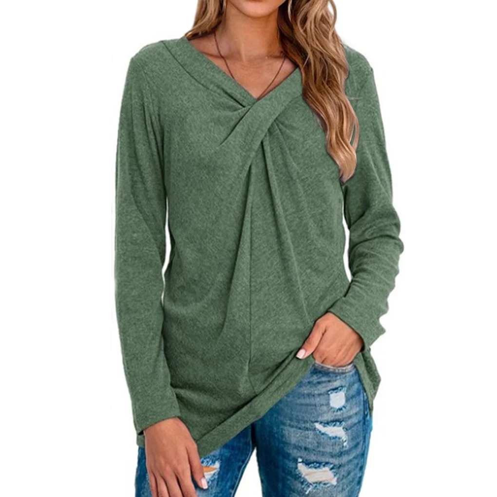 여성 티셔츠 브이넥 탑 긴 소매 솔리드 컬러 블라우스 티셔츠, 다크 그린, XL