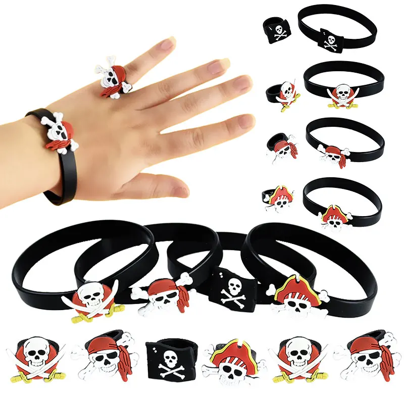 Pirate Skull Bracelet Wristband Silicon Rings Kids Caribbean Pirate Themed Party Decor Gift Toy Halloween Cosplay Costume Props