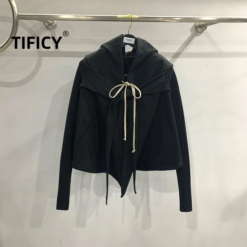 TIFICY High Street Fashion Hooded Sweatshirt Women's Big Wizard Hat Hoodie Short Cotton Black Solid Color Short Coat Street Coat