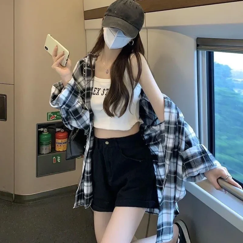 لوسيفر 2025 قمصان جديدة للنساء خمر كم طويل زر متابعة منقوشة قميص امرأة الموضة العصرية شارع العليا بلوزة فضفاضة معاطف