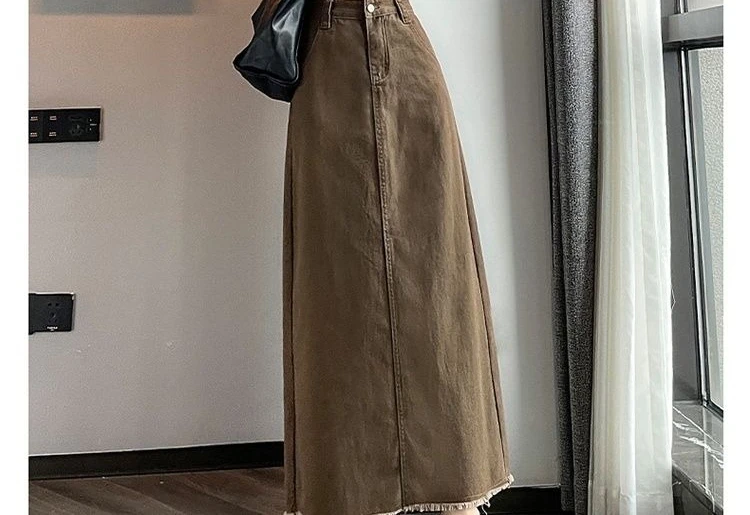 Cowboy Midi Skirt for Women, Autumn New Style, High Waist, Frayed Edge, Split A-line, Loose Fit, Slimming Effect