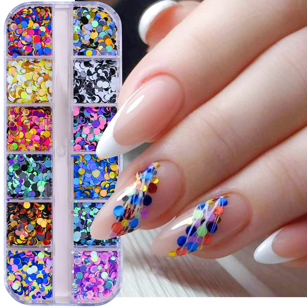 12 Colors Circle Shape Nail Sequin 3D Holographic Round Nail Art Glitter Flakes 12grids Iridescent Mirror Slice Manicure Glitter