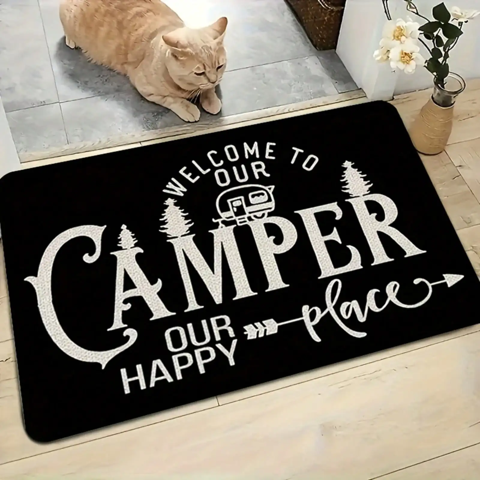 Camper Door Mat - Welcome To Our Happy Place RV Rug, Non-Slip Floor Mat, Multiple Sizes