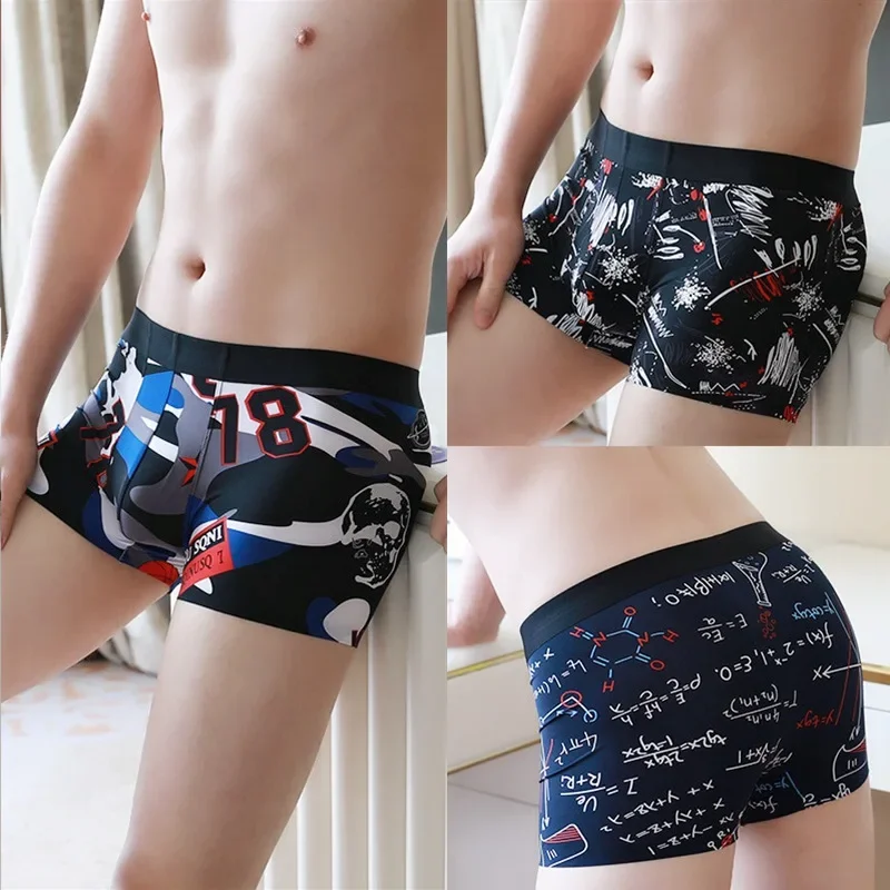 

Youth Fashion Trunk Seamless Ice Silk Breathable Thin Leg Panties Men Mid Waist Trendy Personalized Printed Quick Dry Underpants