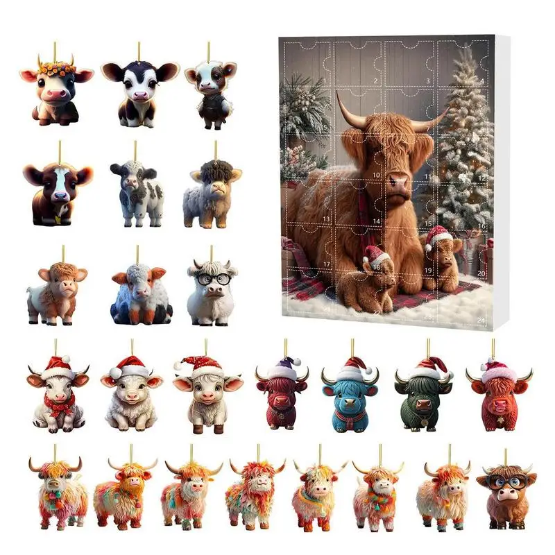 Christmas Calf Acrylic Pendant Advent Calendars 2024 Advent Countdown Calendar Highland Cow 2D Acrylic Christmas 24 Days