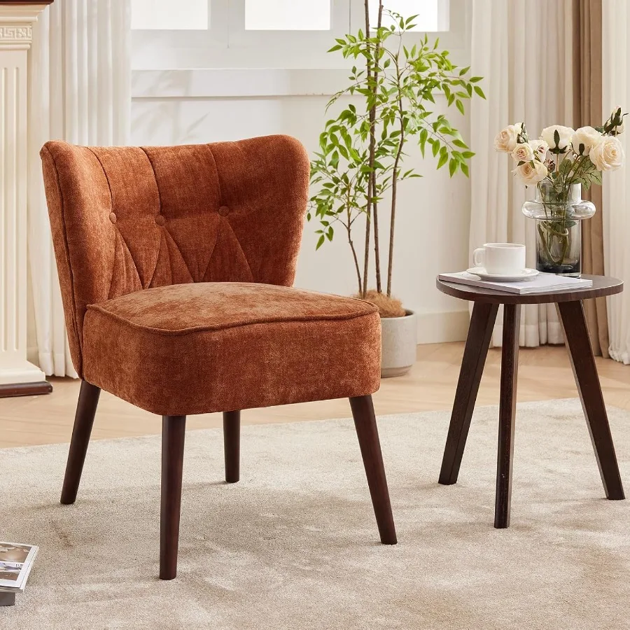 Accent Chair Living Room Chair, Armless Lounge Chair with Wood Legs Upholstered Makeup Vanity Tufted Side Chair Fabric Comfy So