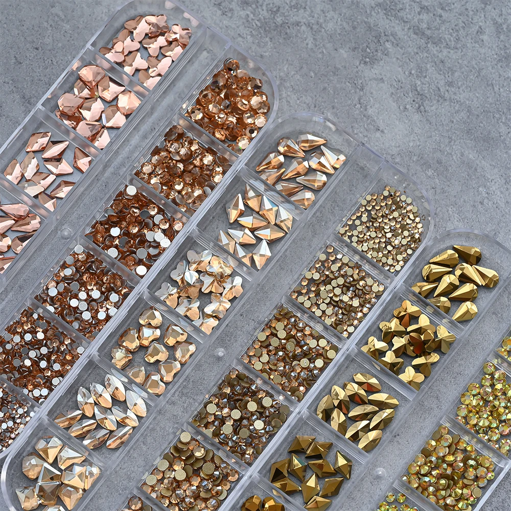 12 グリッド 3D 混合形状ネイルアートラインストーンゴールド/AB/クリア/レッドヒラタガラスダイヤモンドネイルチャーム DIY ネイルアート装飾宝石