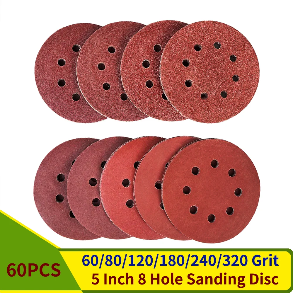 

60PCS 5 Inch Sanding Discs Hook and Loop Sanding Discs 60/80/120/180/240/320Grit Sandpaper for Random Orbital Sander,Woodworking