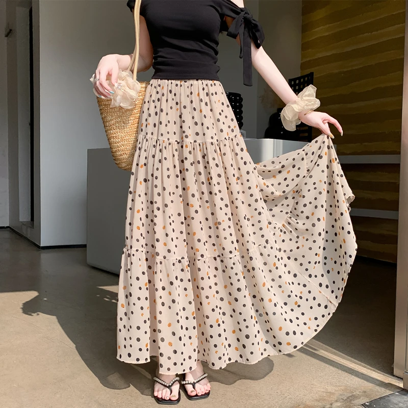 

Flared Skirt Women Vintage Polka Dot Maxi Skirts with Boho Chic Beach Style
