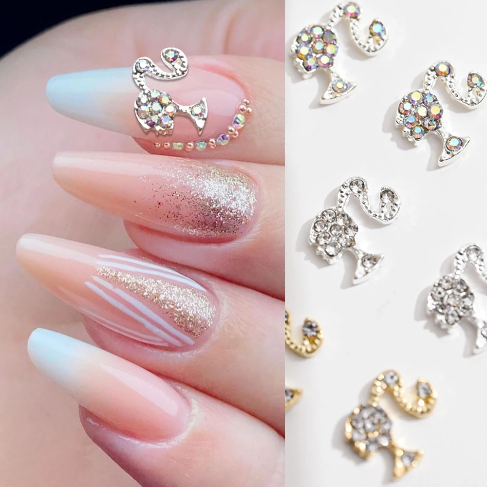 

10pcs Gold Silver Kawaii Ponytail Girl Nail Charms Alloy Crystal Rhinestone Glitter Nail Parts DIY Nail Art Decoration