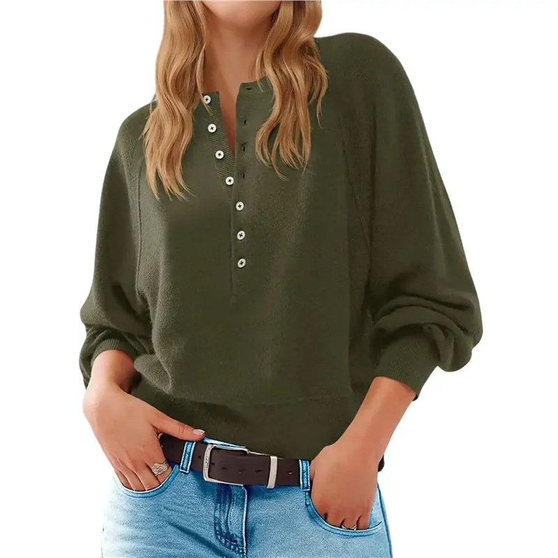

CYL-Womens Button Crew Neck Sweater Fall Long Sleeve Henley Shirts Trendy Loose Knit Pullover Tops
