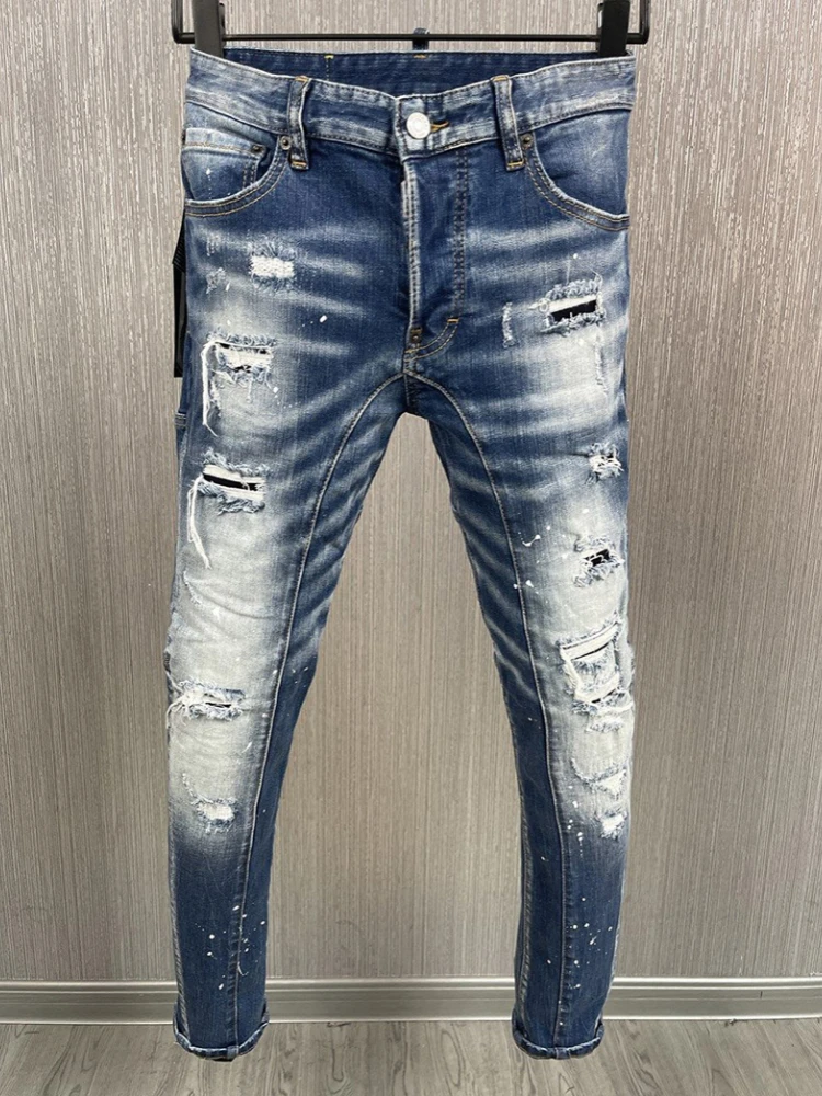 New Men's Ripped Jeans Distressed Elastic Slim Pencil Fit Denim Pants Paint Splatter Streetwear Y2K High Street Biker Trousers